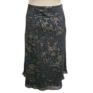 SILKLAND Black Floral Print Midi Skirt Women's Size 8‎ Sheer Overlay Lined